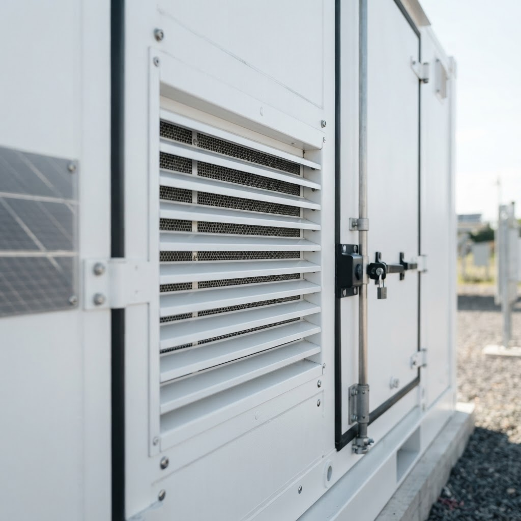 Close-up view of a Netra battery energy storage container showing its ventilation louvers and panel detail